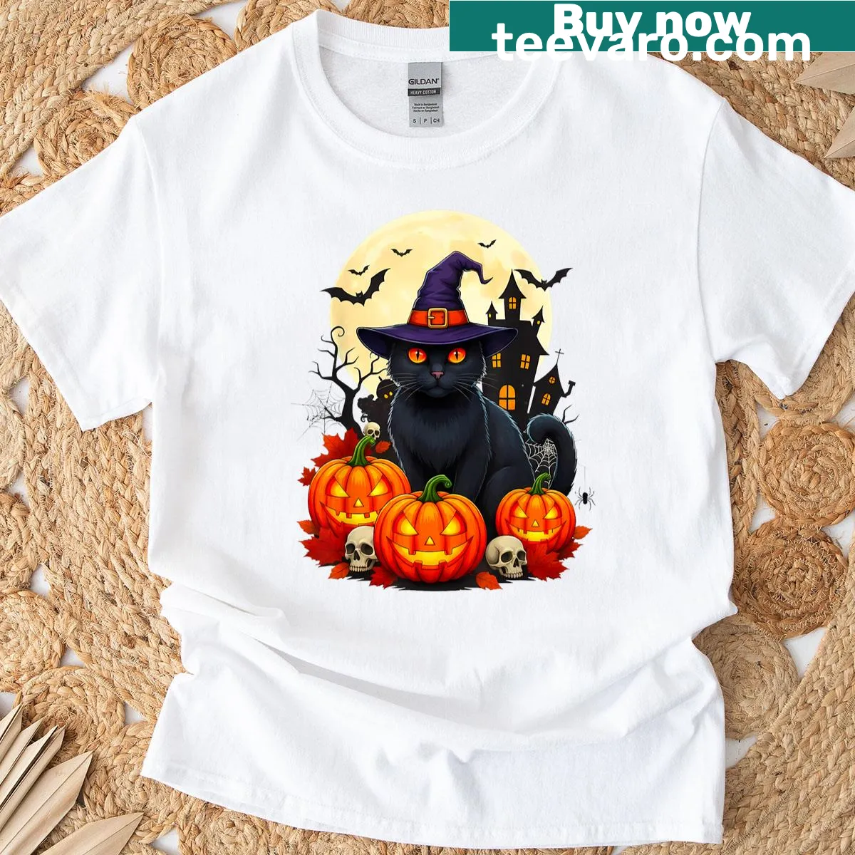 Cartoon-style Halloween T-shirt featuring a black cat witch and pumpkin — on a men's t-shirt