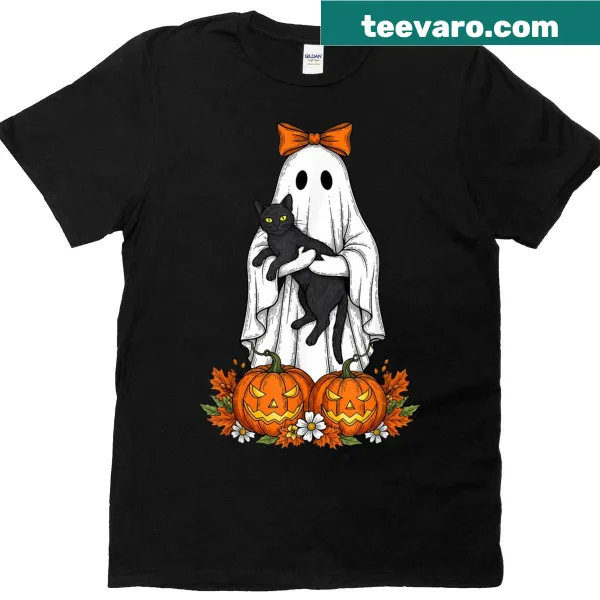 Cute Halloween shirt featuring a ghost holding a black cat and pumpkin