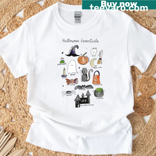 Illustration of Halloween symbols on a cozy T-shirt