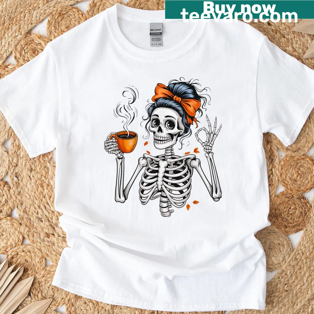 Cartoon skeleton with messy bun and coffee on a T-shirt — on a men's t-shirt