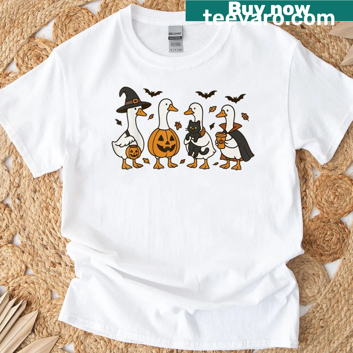 Cute cartoon Halloween silly goose in pumpkin witch costume t-shirt — on a men's t-shirt
