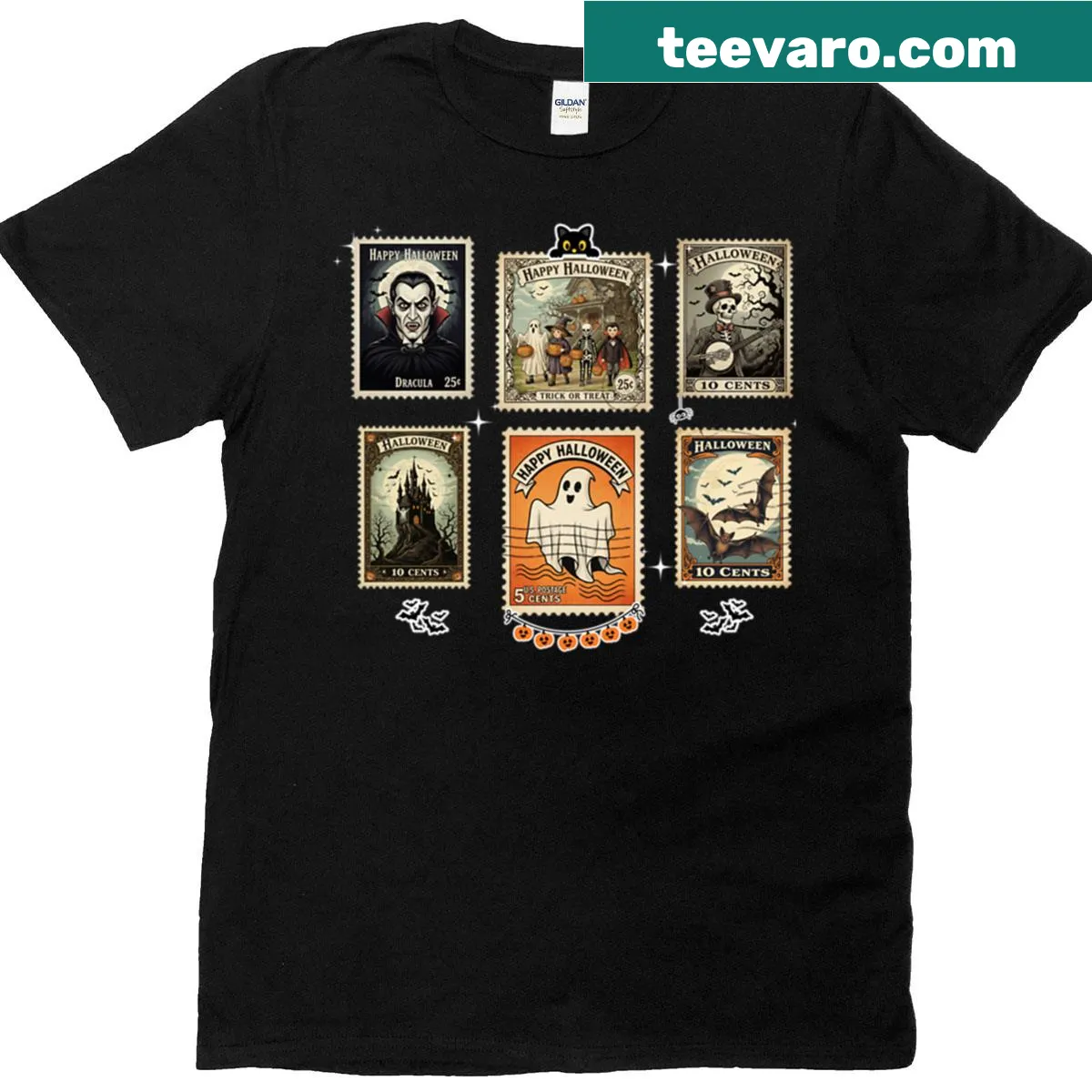 Vintage-style Halloween t-shirt with Dracula and ghosts — on a men's t-shirt