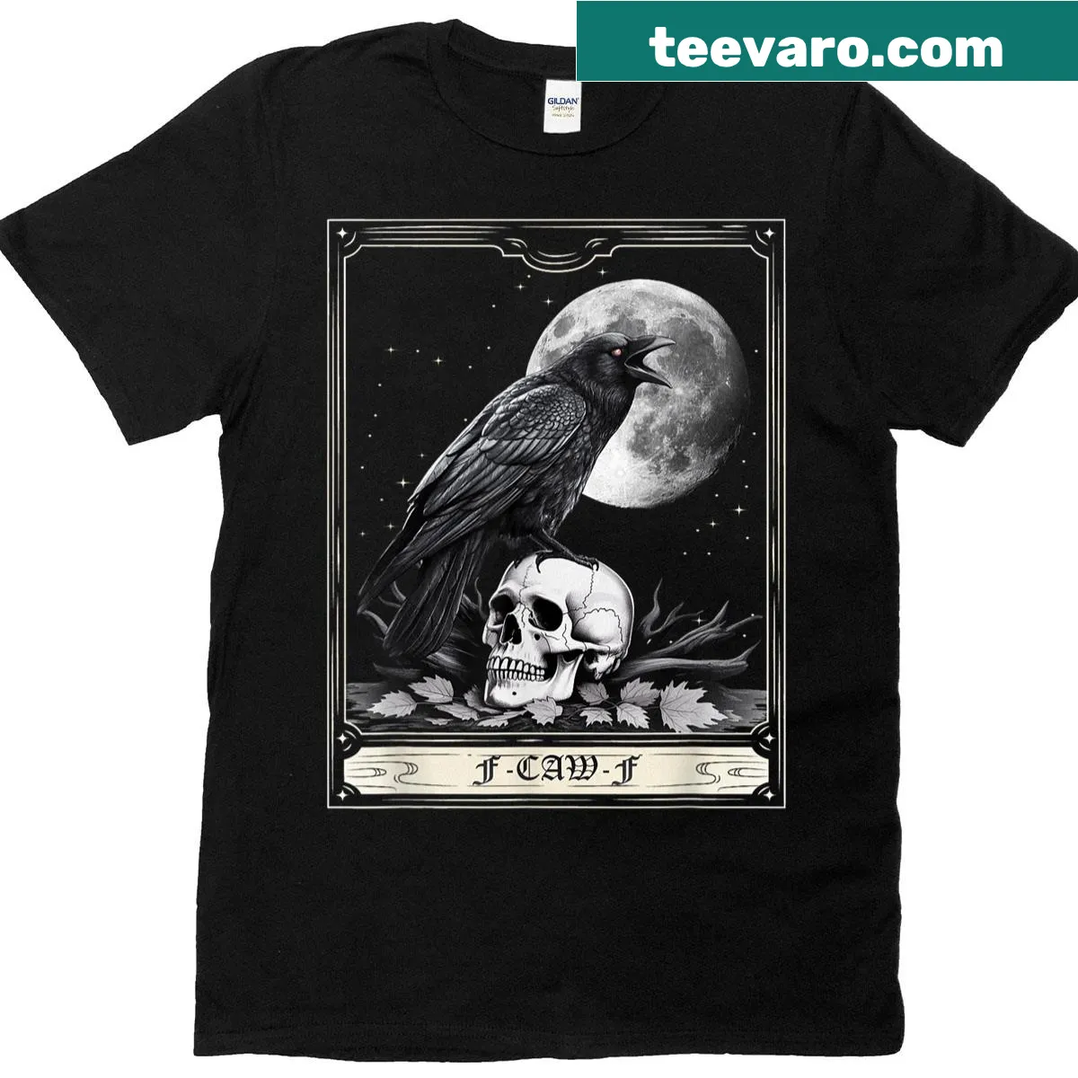 Halloween T-shirt featuring a crow tarot card illustration — on a men's t-shirt