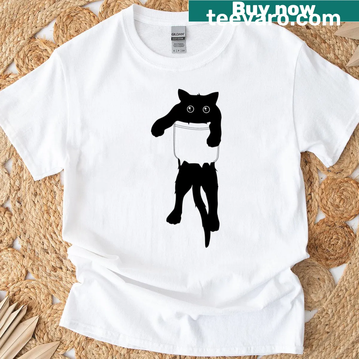 Black cat pocket art graphic on t-shirt — on a men's t-shirt