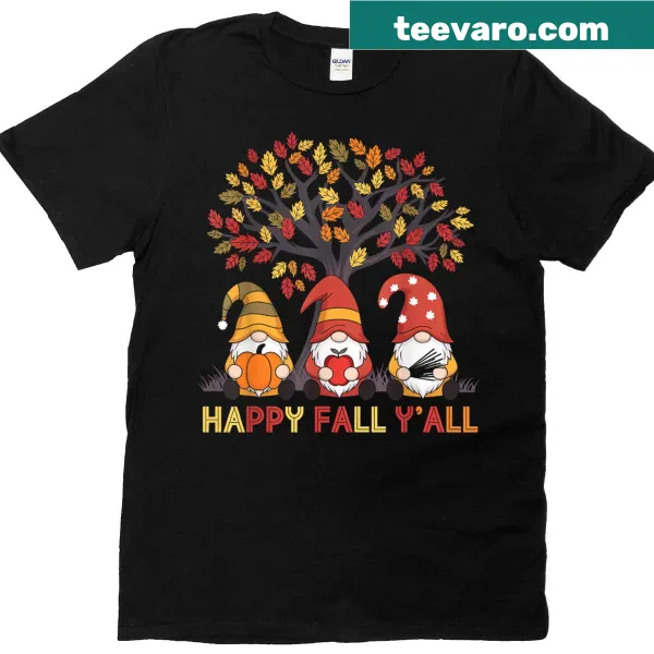Whimsical garden gnomes and pumpkins illustrated on a T-shirt