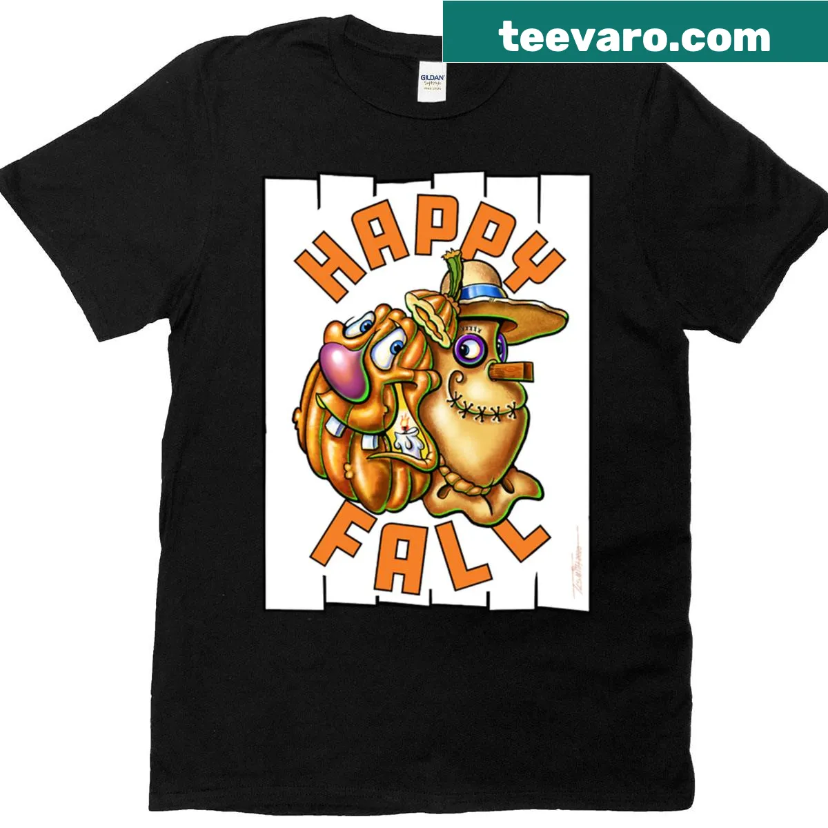 Whimsical fall-themed t-shirt with autumn leaves and text — on a men's t-shirt
