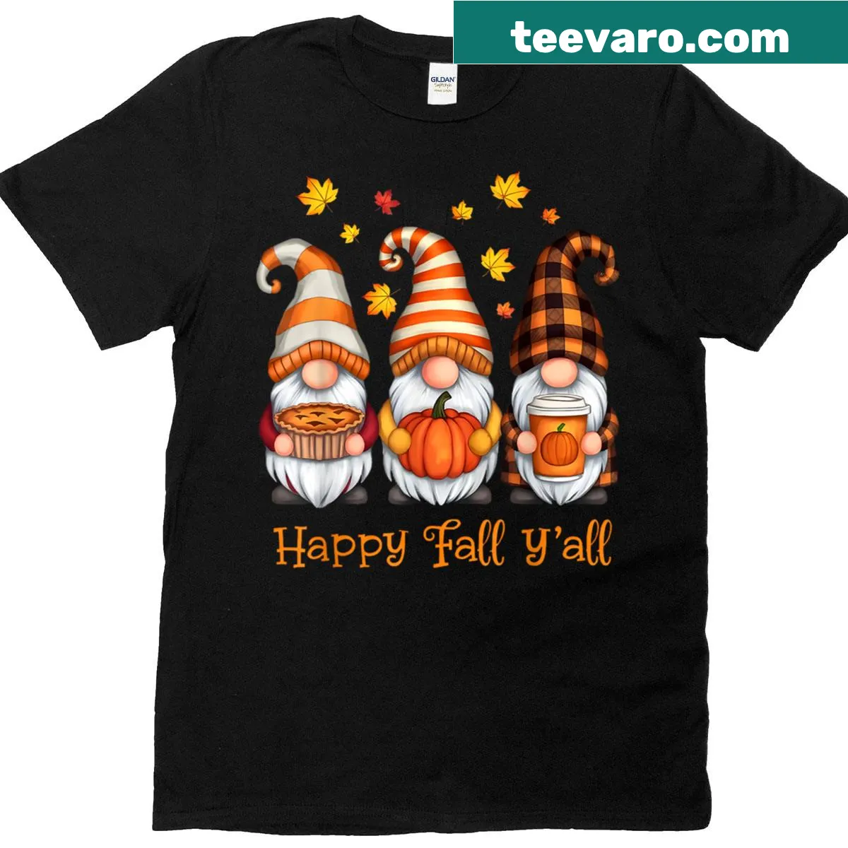 T-shirt featuring autumn leaves, pumpkins, and garden gnomes in a cheerful design — on a men's t-shirt