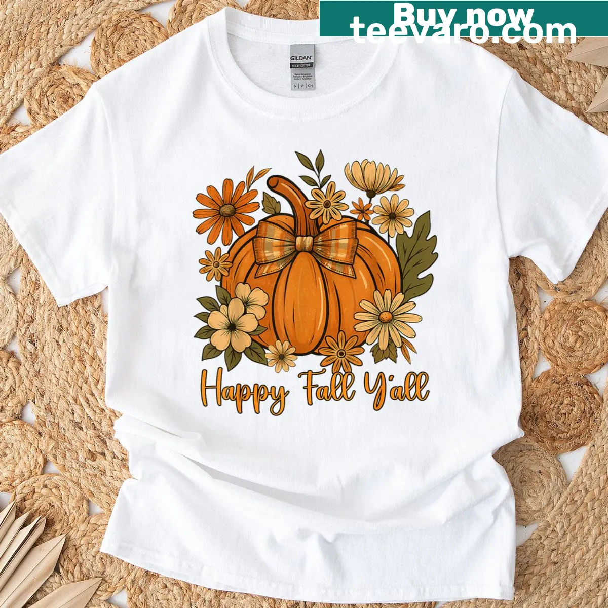 T-shirt with a pumpkin and bow design for fall — on a men's t-shirt
