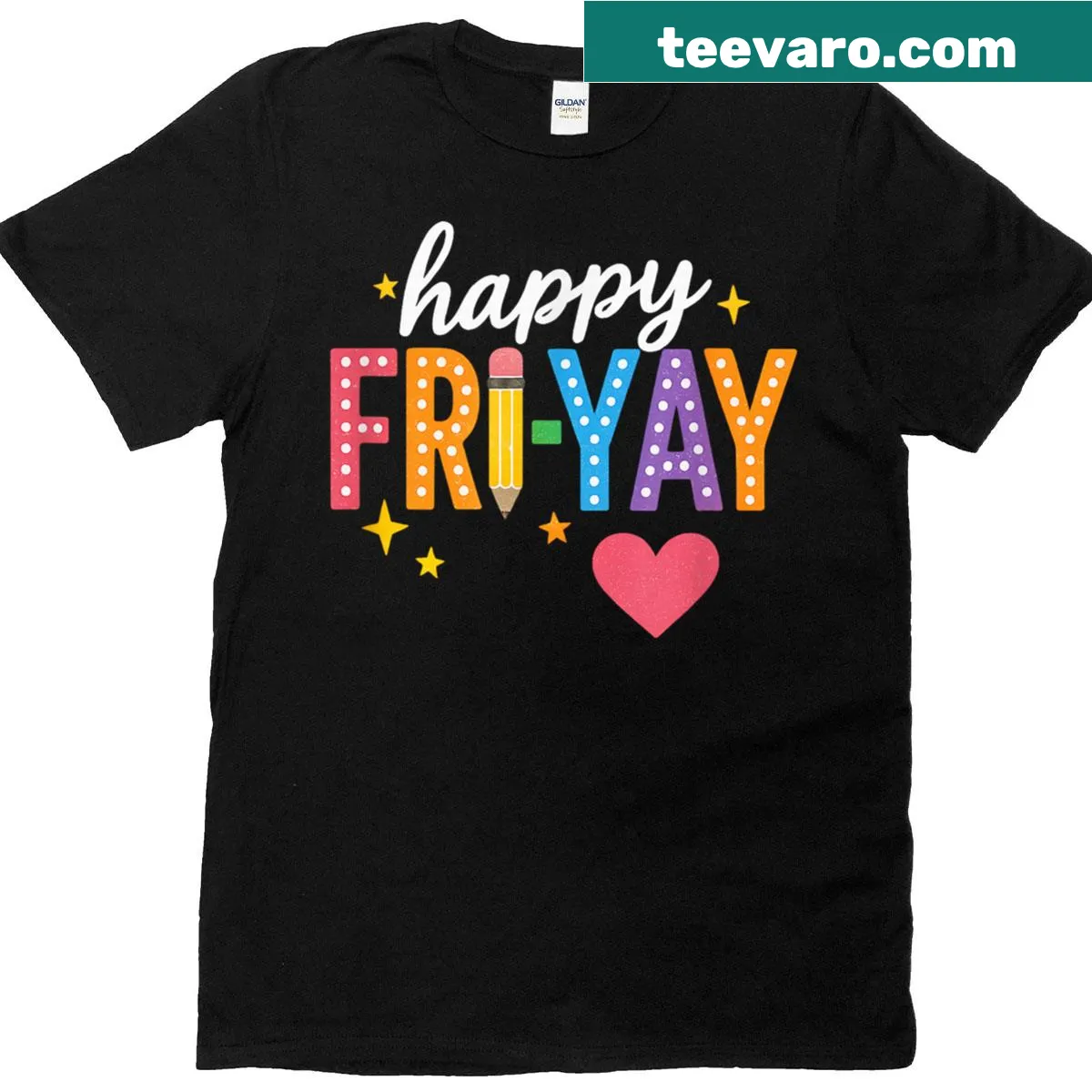 Funny text graphic that reads 'Happy Fri Yay' on a T-shirt — on a men's t-shirt