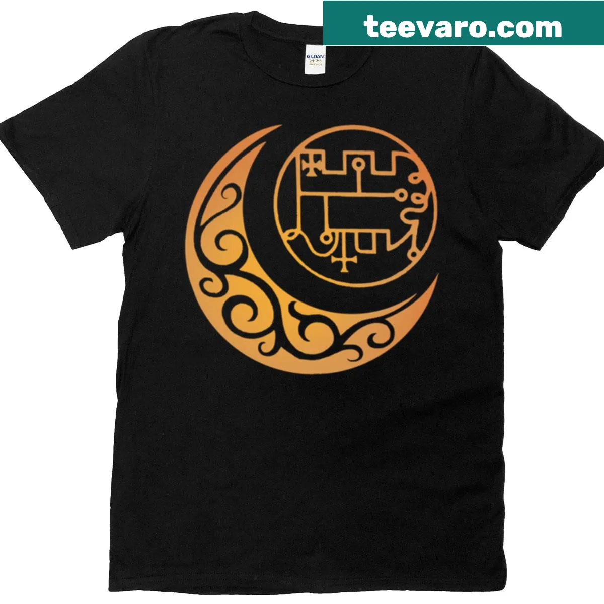 Stolass Golden Grimoire sigil illustration on a fantasy-themed t-shirt — on a men's t-shirt