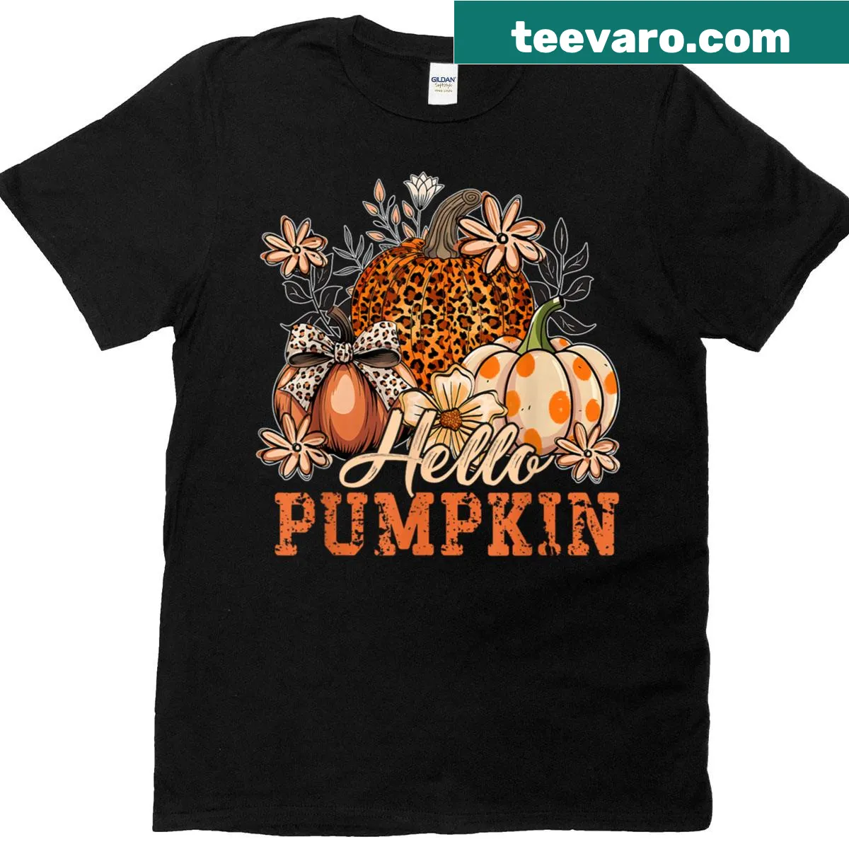 Leopard print Hello Pumpkin graphic T-shirt for fall festivities. — on a men's t-shirt