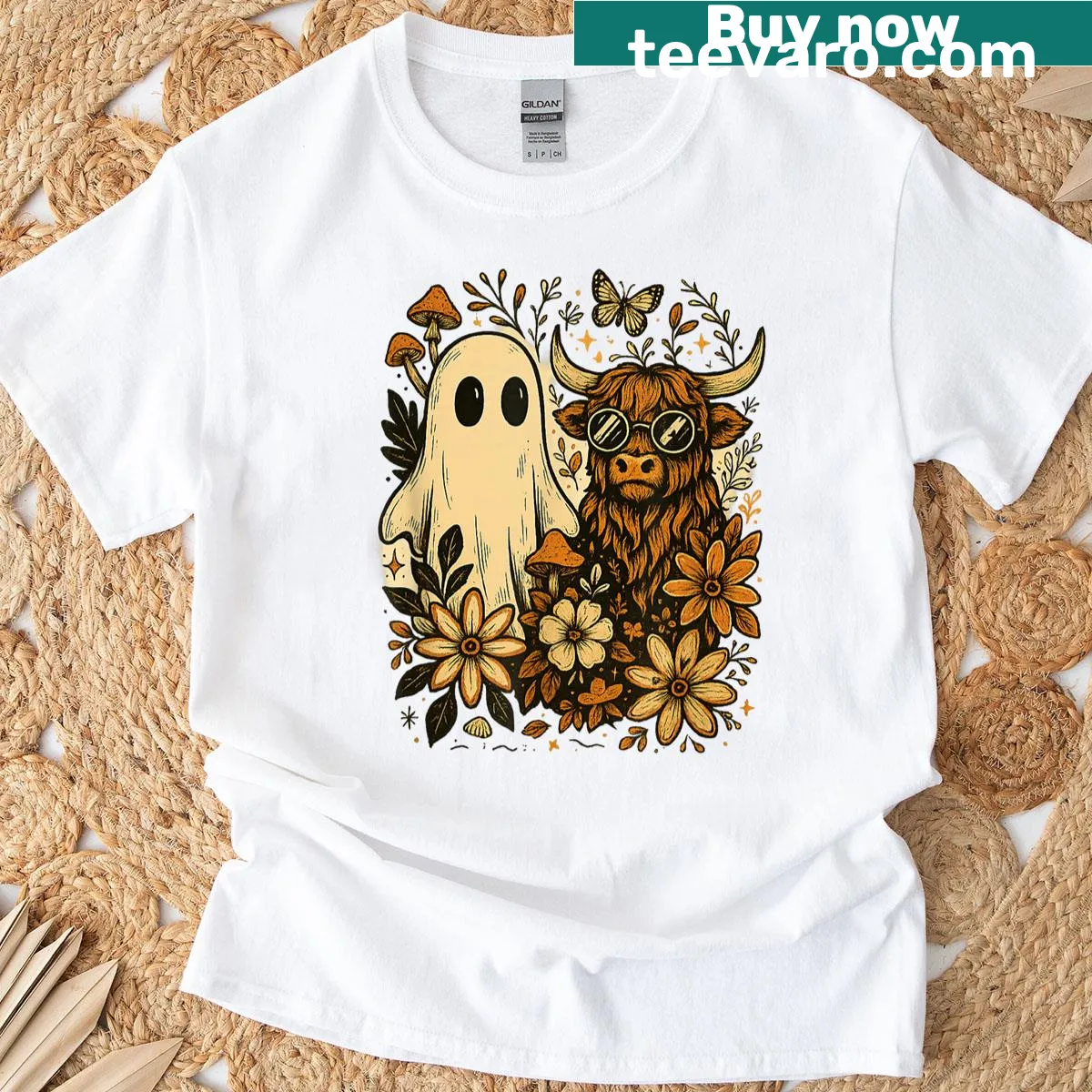 Shirt featuring a highland cow ghost with floral design — on a men's t-shirt