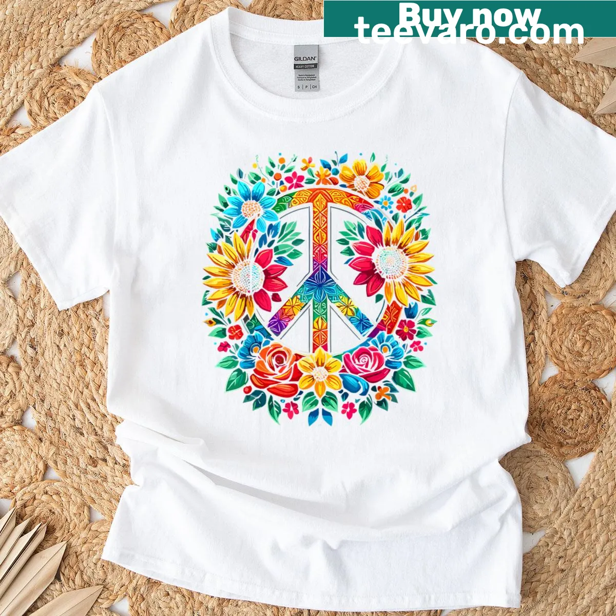 Retro T-shirt featuring a peace sign design with sunflowers — on a men's t-shirt