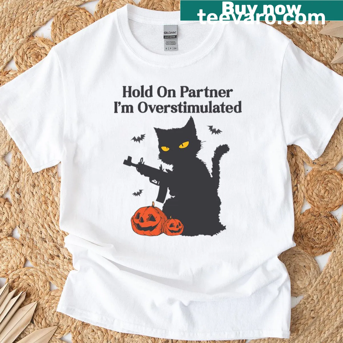 Vintage Halloween cat humor shirt with a playful design and text — on a men's t-shirt