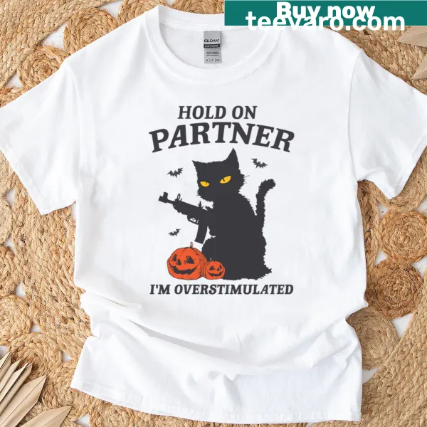 Funny Halloween cat T-shirt with playful overstimulated theme