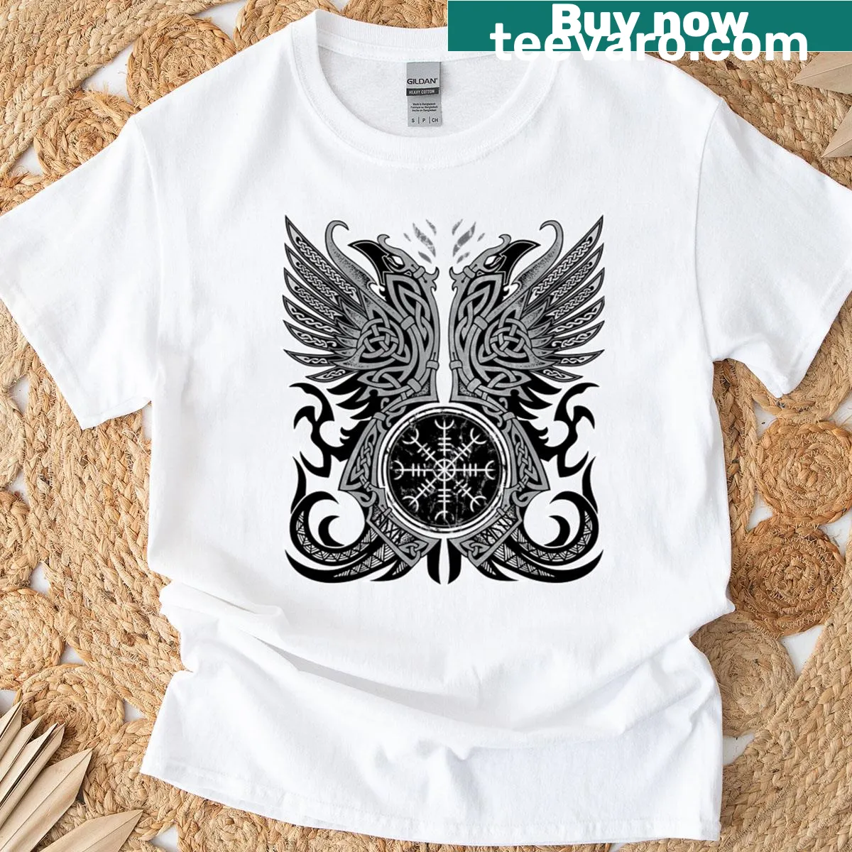 Illustrated Odin's ravens T-shirt featuring Huginn and Muninn — on a men's t-shirt