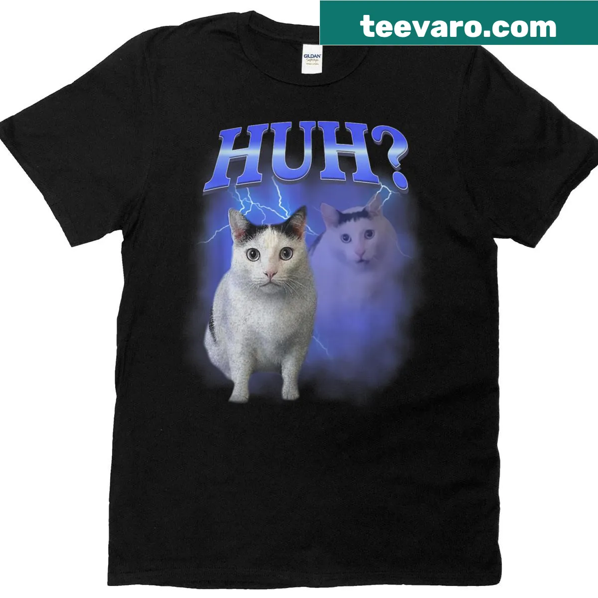 Funny T-shirt featuring a silly cat meme graphic — on a men's t-shirt