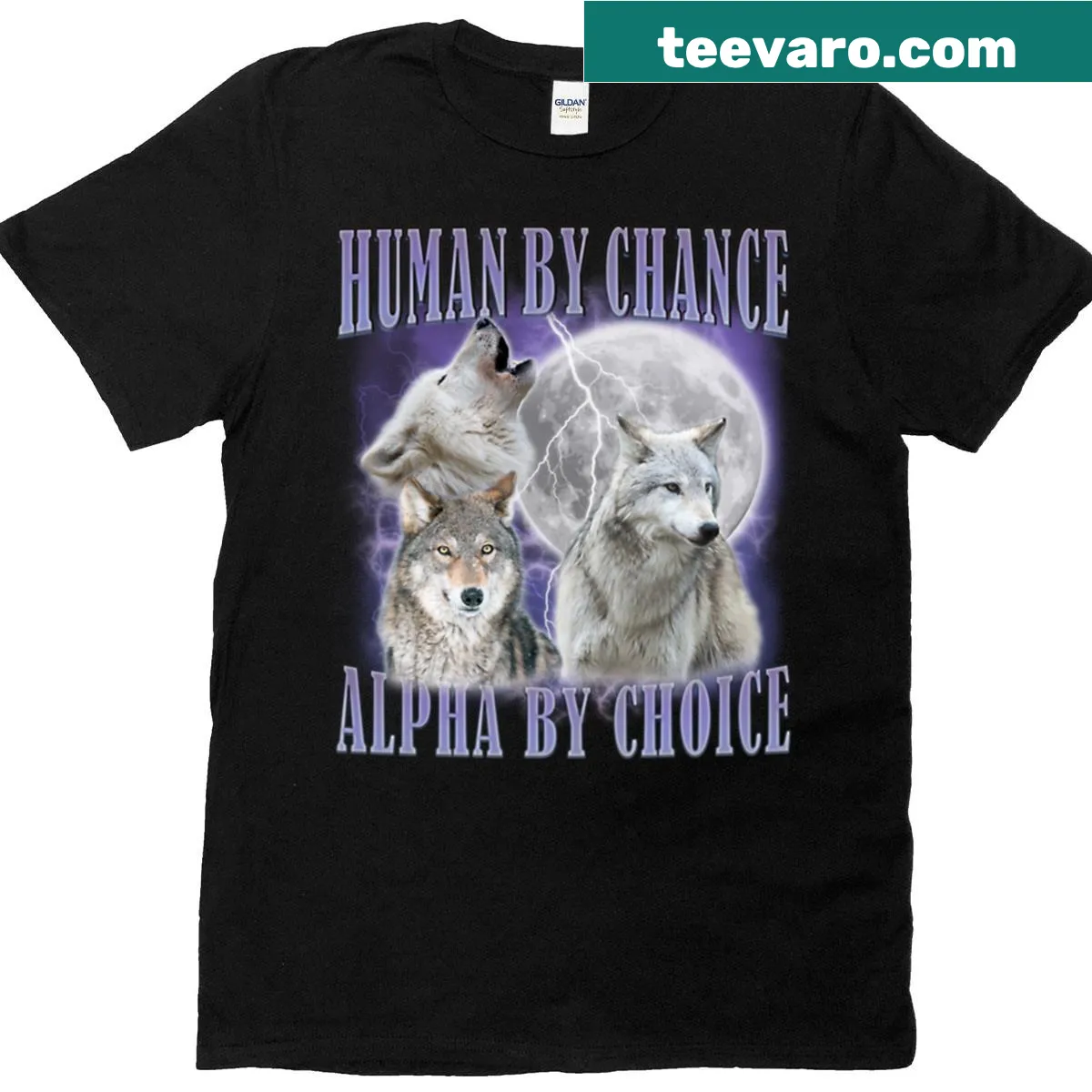 Typography t-shirt featuring the phrase Human By Chance Alpha By Choice — on a men's t-shirt