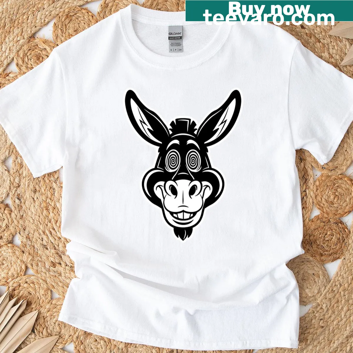 Cartoon donkey design with hypnotic patterns on a T-shirt — on a men's t-shirt