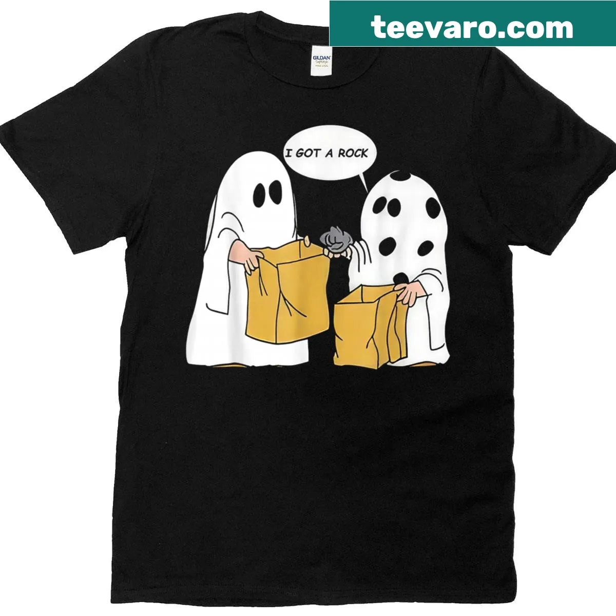 Funny Halloween shirt with a rock cartoon for trick-or-treating. — on a men's t-shirt