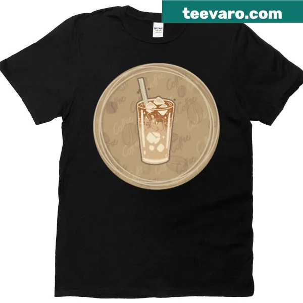 Minimalist iced coffee design on a beige aesthetic T-shirt