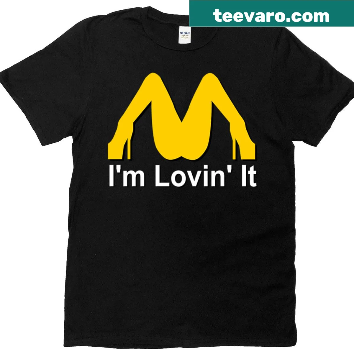 Funny T-shirt with a playful design of legs and text 'Im Loving It' — on a men's t-shirt