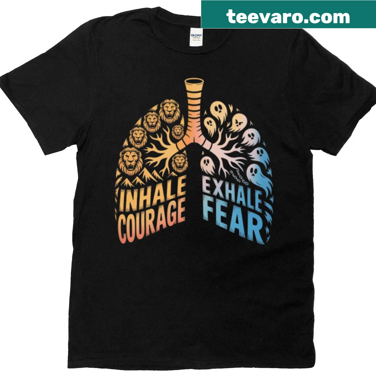 Motivational t-shirt with the phrase 'Inhale Courage Exhale Fear' — on a men's t-shirt