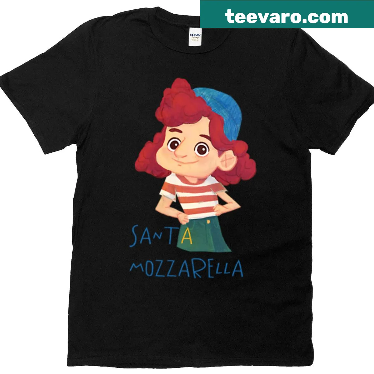Whimsical t-shirt featuring 'Julia' and Santa Mozzarella character — on a men's t-shirt
