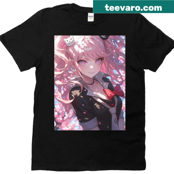 T-shirt featuring Junko Enoshima from Danganronpa with twin tails and sakura blossoms.