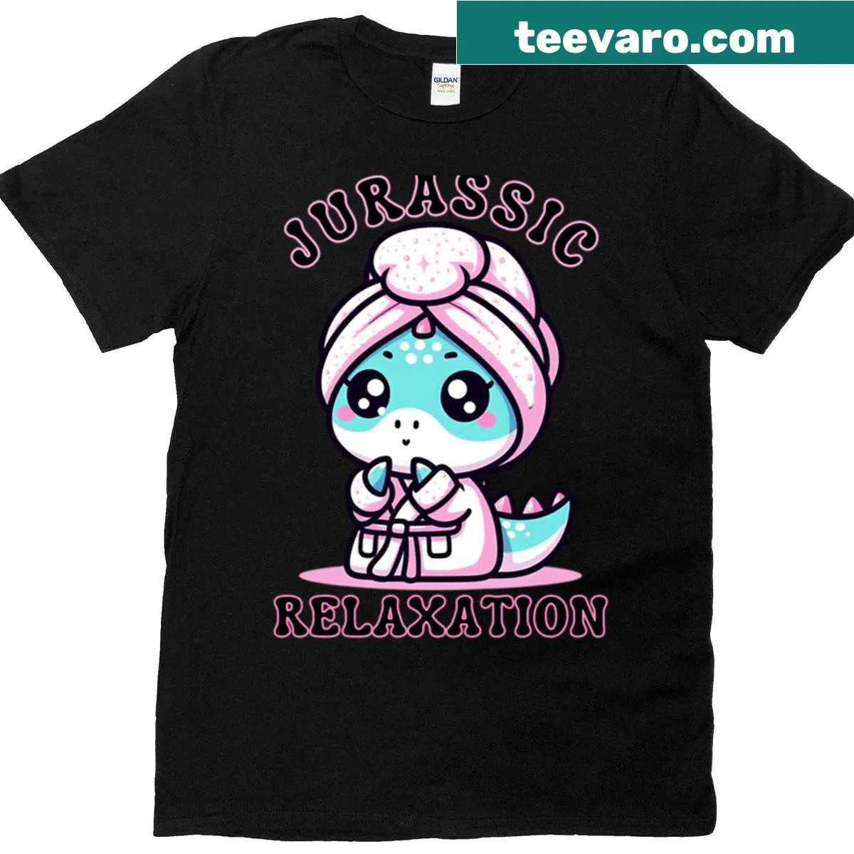 Cute dinosaur spa day T-shirt with chibi dinosaur design. — on a men's t-shirt