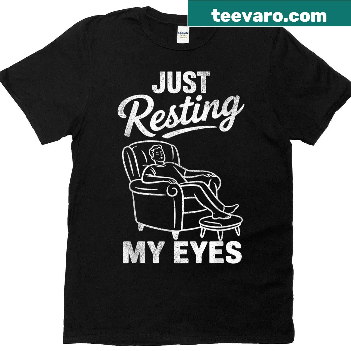 Funny T-shirt with the phrase 'Just Resting My Eyes' humorously printed. — on a men's t-shirt