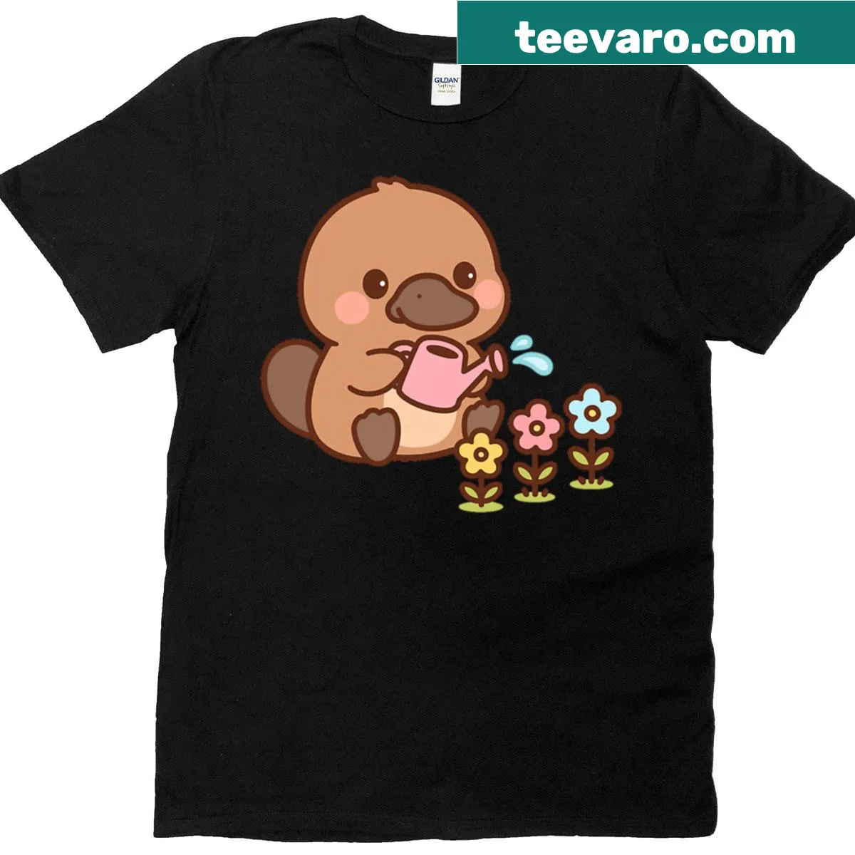 Cute kawaii platypus gardening design on a shirt — on a men's t-shirt