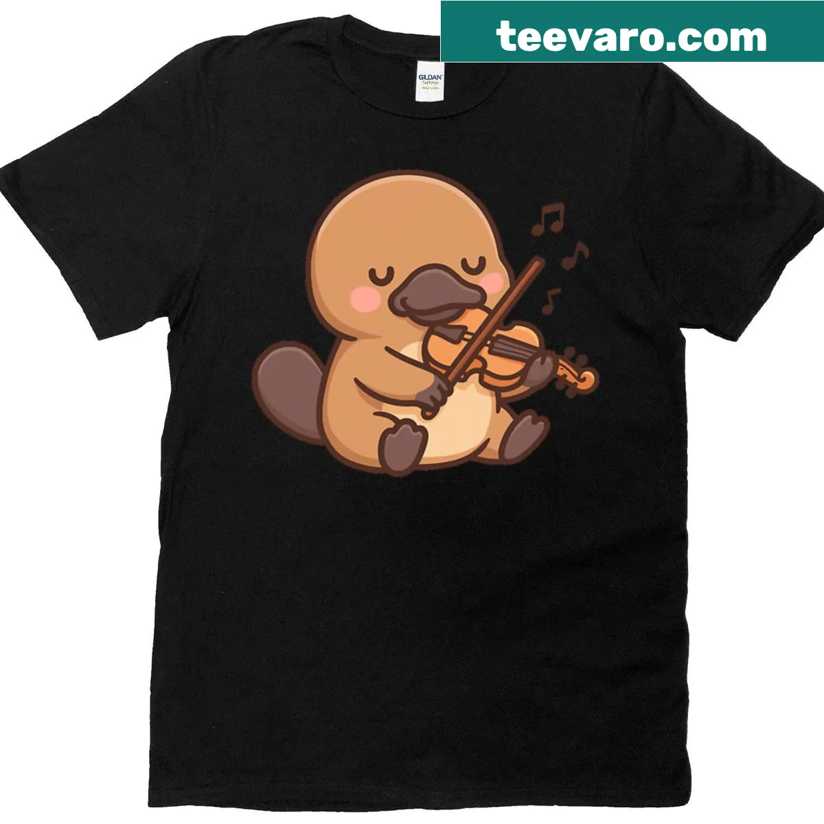 Cute T-shirt featuring a kawaii platypus playing the violin — on a men's t-shirt
