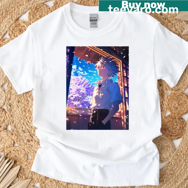 Illustrative design of Kaworu Nagisa in a sakura garden on an anime t-shirt.