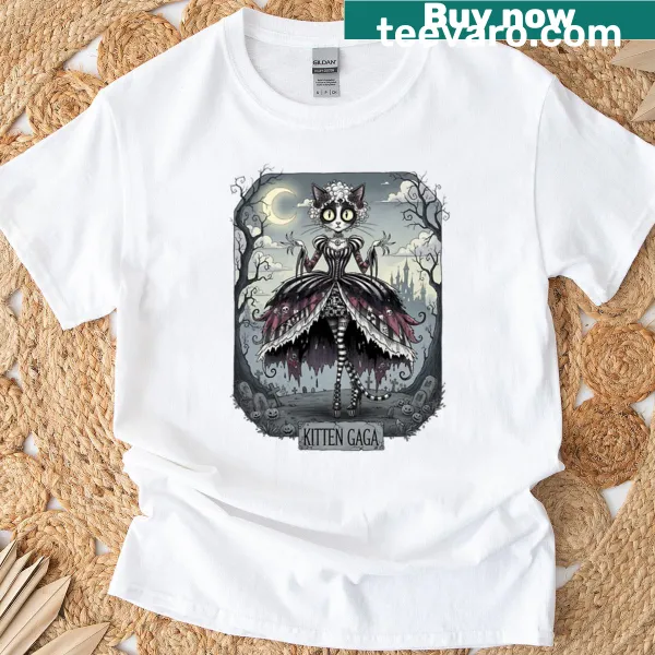 Cartoon kitten styled like a pop star on a t-shirt