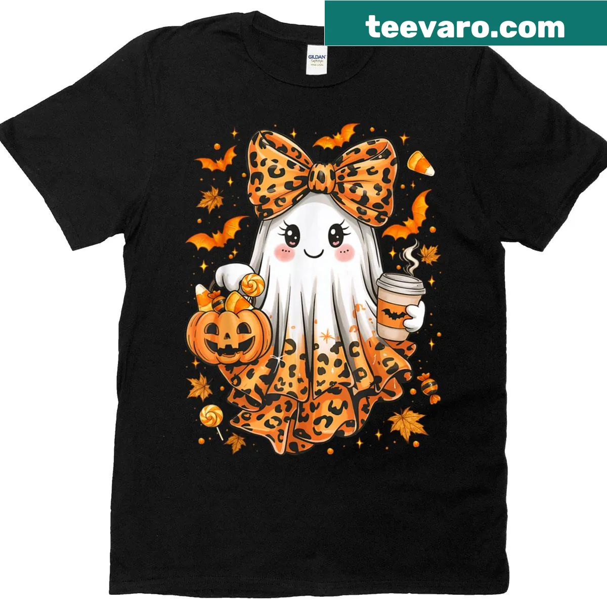 Cute leopard ghost drinking coffee Halloween T-shirt — on a men's t-shirt