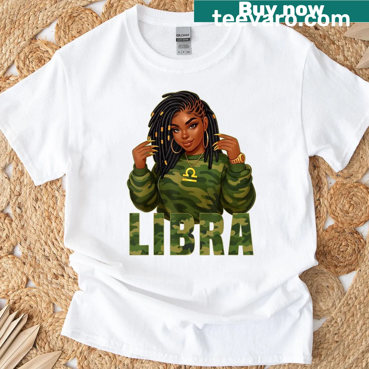 Camo style Libra Queen design featuring a black woman with locs — on a men's t-shirt