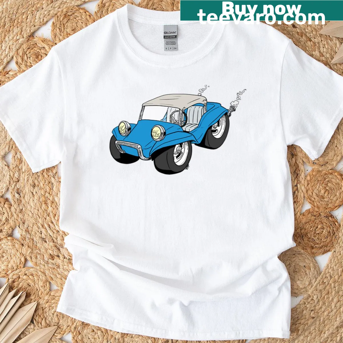 Playful oversized t-shirt featuring a cartoon blue dune buggy — on a men's t-shirt