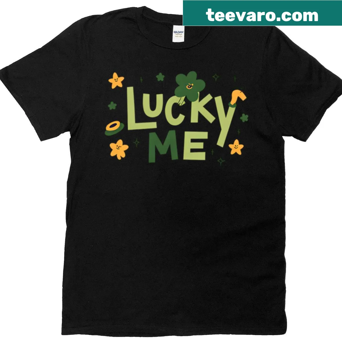 T-shirt with a clover and horseshoe graphic design — on a men's t-shirt