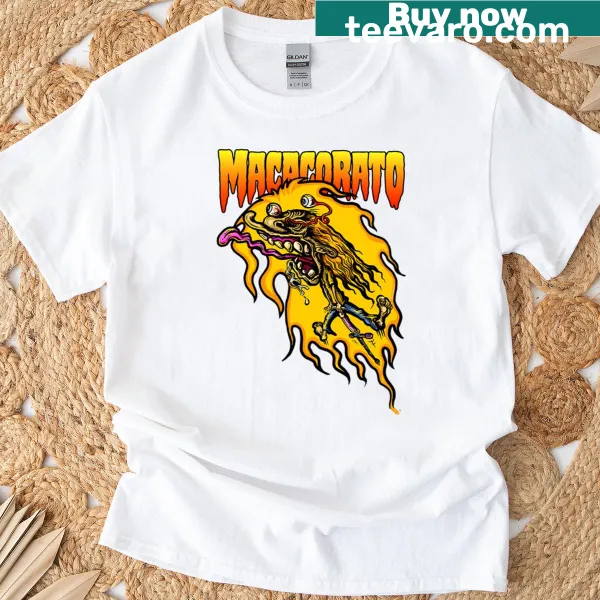 T-shirt featuring a whimsical flaming monster in action