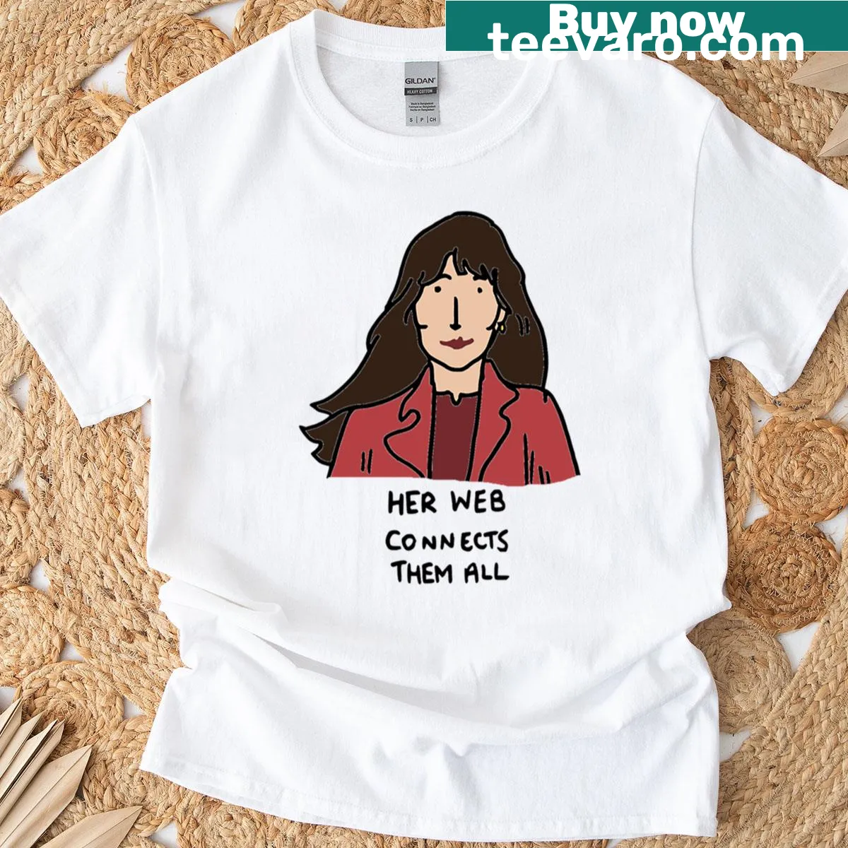 Cartoon T-shirt featuring Madame Web and her web design — on a men's t-shirt