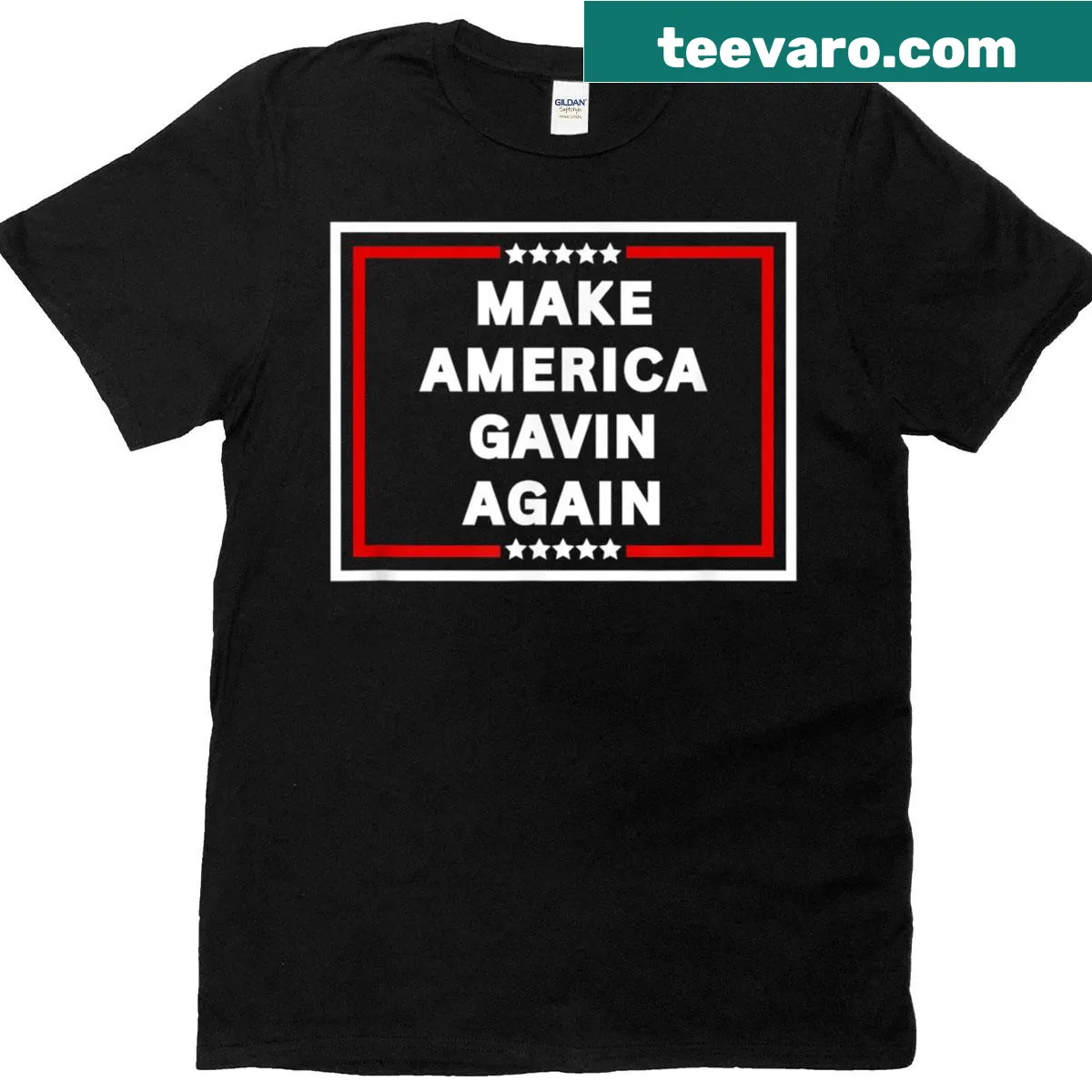 Funny themed tee with 'Make America Gavin Again' text and meme references — on a men's t-shirt