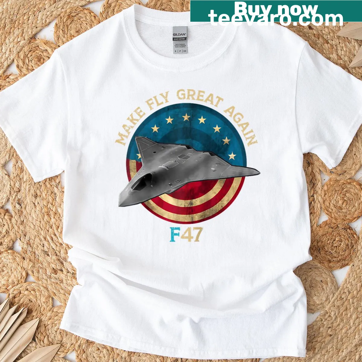 Playful illustration of an F-47 jet fighter on a baseball tee. — on a men's t-shirt