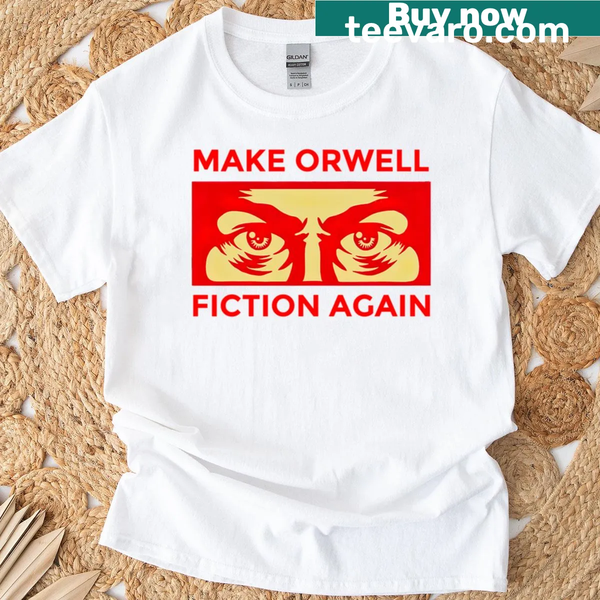 Humorous typography T-shirt referencing Orwell with clever phrase — on a men's t-shirt
