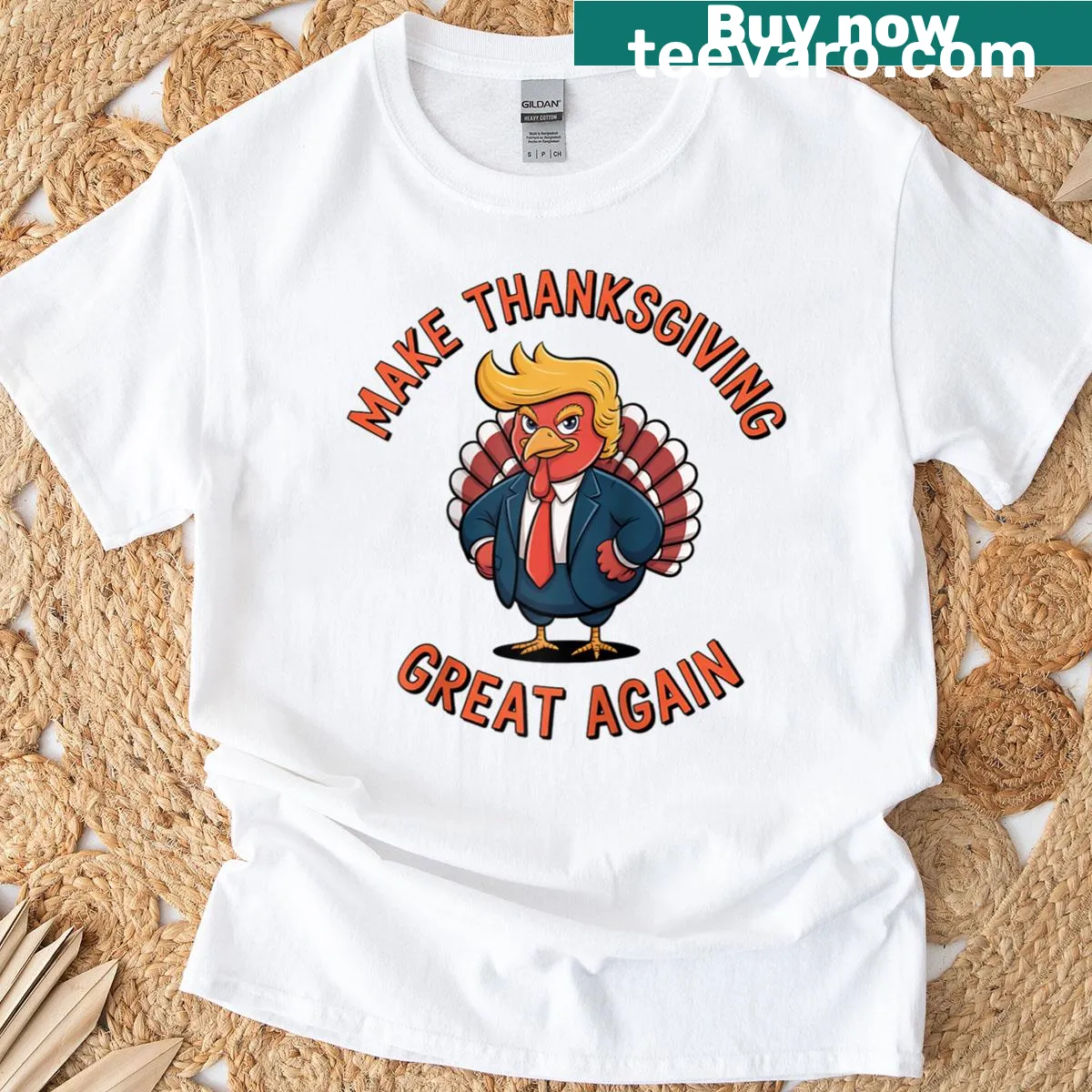 Funny Thanksgiving shirt with political slogan and turkey graphic. — on a men's t-shirt