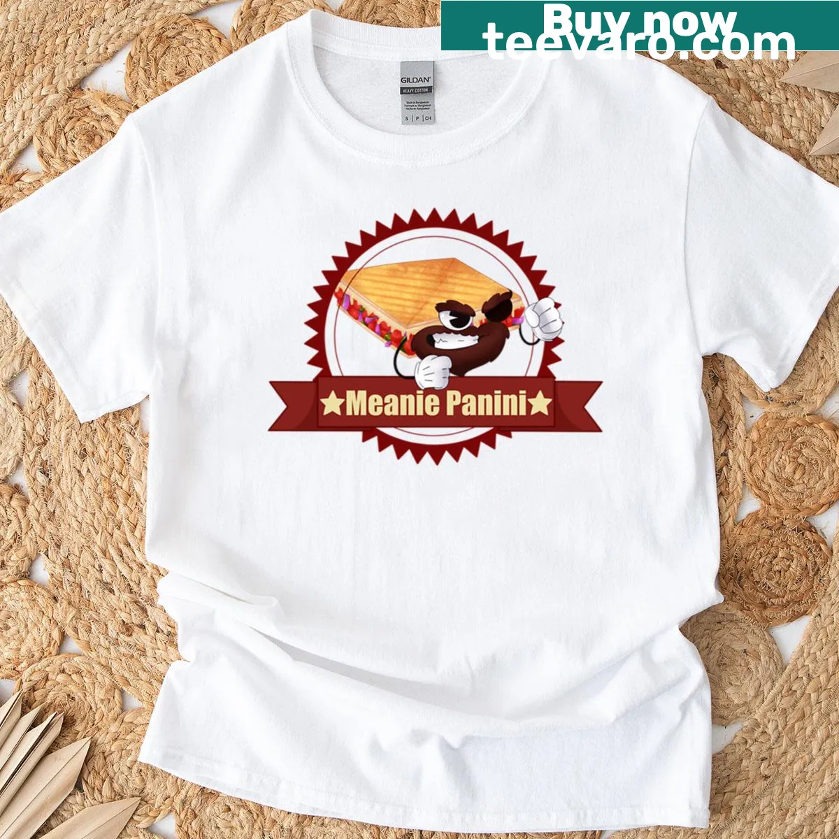 Funny food t-shirt featuring an illustration of a smiling panini — on a men's t-shirt