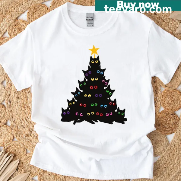 Cute T-shirt featuring a festive 'Meowy Christmas' cat design