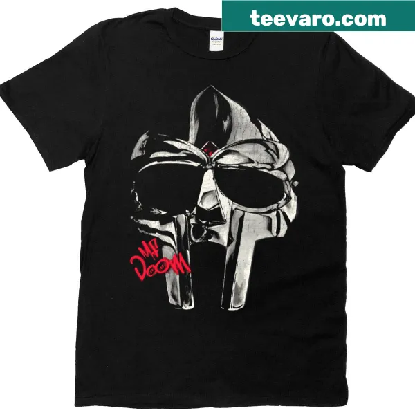 Halftone illustration of Mf Doom on a stylish T-shirt for hip-hop fans.