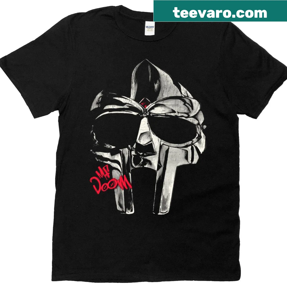 Halftone illustration of Mf Doom on a stylish T-shirt for hip-hop fans. — on a men's t-shirt