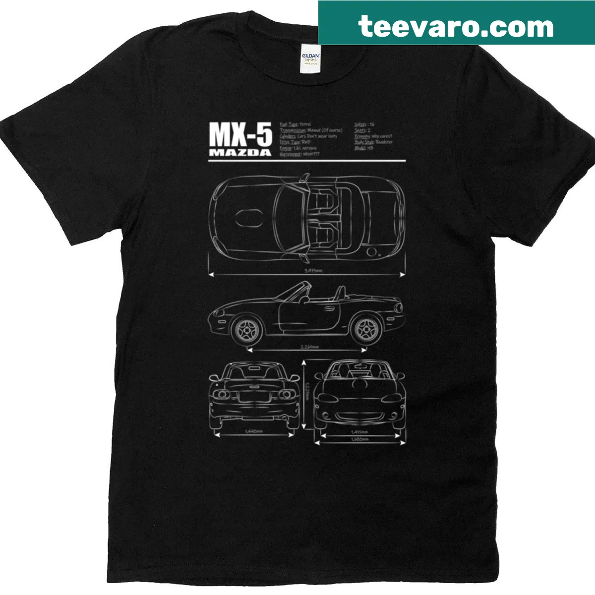 Illustration of Miata NB blueprint on a white t-shirt — on a men's t-shirt